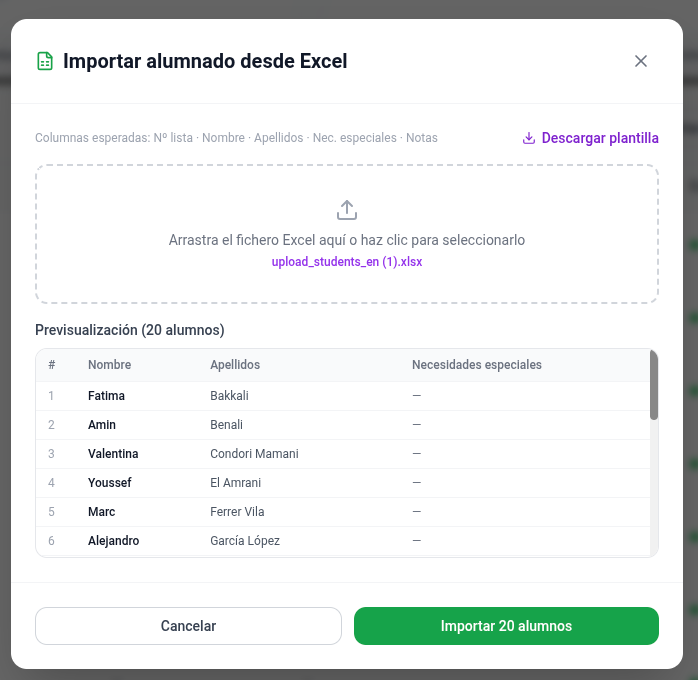 Captura: listado de alumnado de una clase con el diálogo de importación desde Excel abierto
