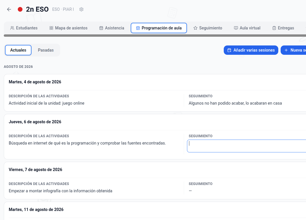 Captura: diario de aula con una entrada del día: planificado y realizado