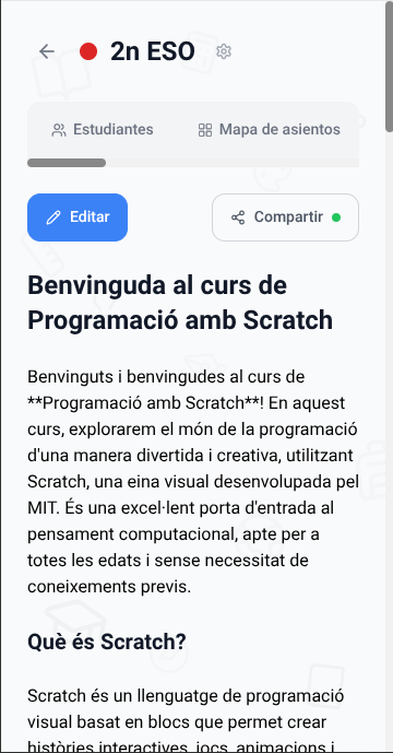 Captura: aula virtual publicada, vista tal y como la ve una familia desde el móvil