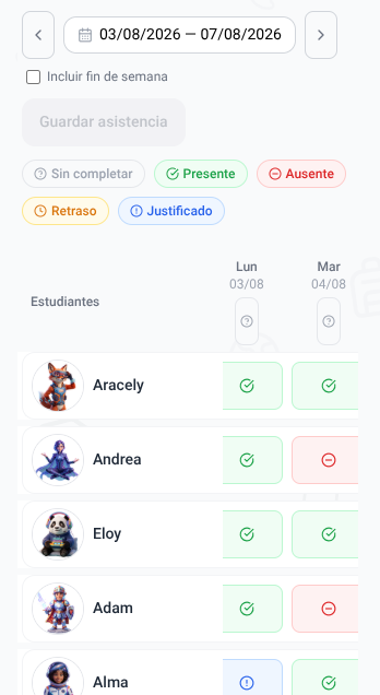 Captura: Mi Aula en un móvil, pasando lista con una mano