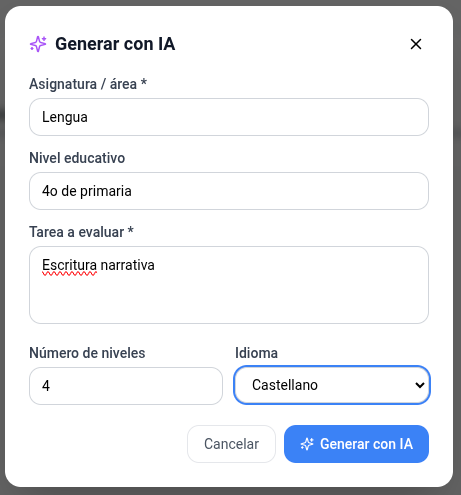 Captura: rúbrica recién generada con IA a partir del enunciado de una actividad
