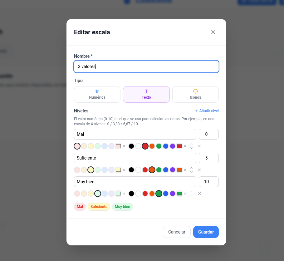 Captura: configuración de evaluación con las escalas numérica, de texto y de iconos