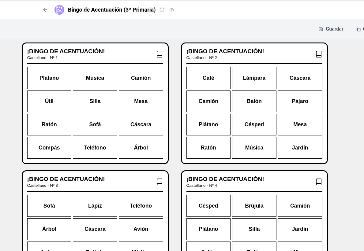 Cartones de bingo de acentuación para 3º de primaria